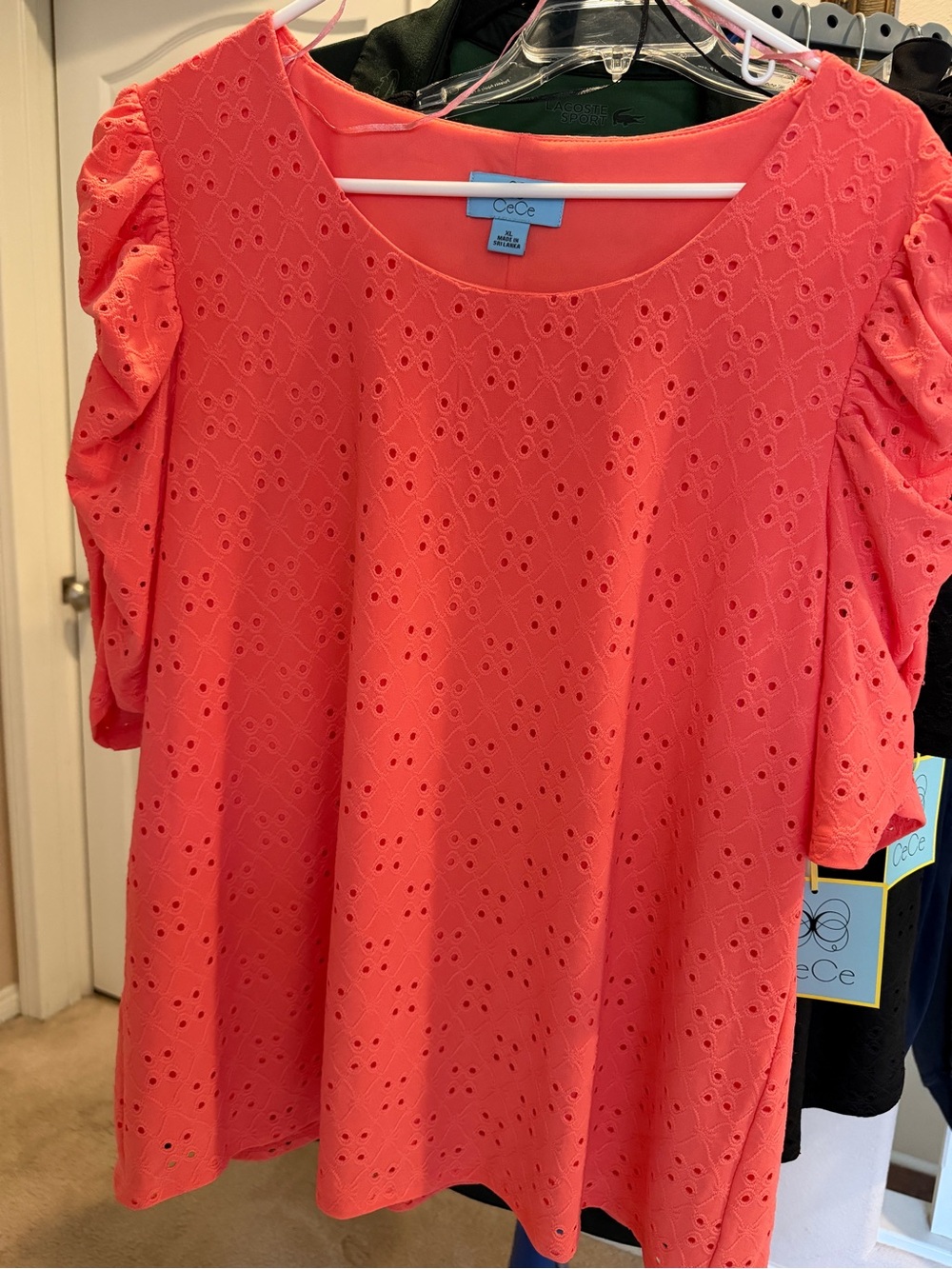 CeCe Coral Eyelet Puff-Sleeve Blouse